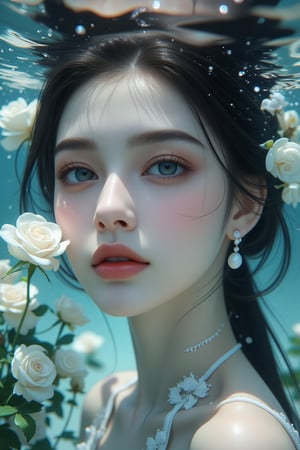 (Best quality, 8k, highly detailed realistic photo), (Cinematic soft lighting), side lighting, precise high quality, serene, elegantly captured with the refined features of the face of a young Chinese woman posing with delicate white roses. Realistic rain captured in slow motion, raindrops form on her skin, sparkle and sparkle like jewels, creating a beautiful atmosphere. Half of her face floats on the rippling water surface, while the other half is submerged in water, creating a mysterious atmosphere. Her porcelain skin, softly illuminated from above, shines against the subtle underwater background. Colorful underwater bubbles, exquisite details. The subject's features are highly detailed and anatomically correct, and the vividly colored subject stands out against the random natural background. Every texture, every realistic skin, every wrinkle, every hair is rendered in 8k resolution with realistic picture quality, inviting the viewer into this dreamlike world.