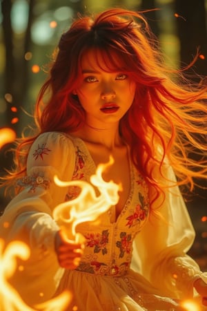 (Clear High Definition: 1.1), (Breathing fire from her whole body, overall white and ivory theme), cinematic lighting, ambient lighting, 17 years old, girl, yellow irises glowing with fire, very low angle, sly smile on her face, black lipstick lips, wavy bangs covering her forehead, long fiery red hair flowing down her cheeks and partially covering her face reflect a lively and energetic atmosphere. The dress decorated with ornate embroidery has elaborate details. The witch with black nails is in a dynamic pose, and the features of the subject engulfed in blazing fire are highly detailed and oriental and anatomically correct, as is the scene where the light is backlit and illuminates her face. The vividly colored subject contrasts with the blurred natural background. All textures, realistic skin, wrinkles, and hair are rendered in 8K resolution with photo-realistic quality, inviting the viewer into a dreamlike world.