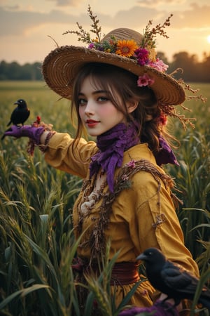 (Supernatural Portrait, Masterpiece, Dark Fantasy: 1.2, Oil Painting, Painting), Highly detailed and exquisite detail: 1.4, Upper body mid-shot, in the center of the frame is a girl dressed as a scarecrow, surrounded by a wide green barley field. The scarecrow, made of dry branches, dried flowers and straw, has a joyful expression and a happy smile, has smoky makeup, and wears an old and worn wide-brimmed straw hat that falls just below her eyebrows. She is wearing a vividly colored pearl yellow cotton shirt and purple velvet gloves, her arms are outstretched to the side, and two crows are sitting on her arms, which are very detailed and depicted. There is a sunset and natural light in the background. The subject's features are highly detailed and anatomically correct, and the vividly colored subject is set against a random natural background. Every texture, every realistic skin, every wrinkle, every hair is rendered in 8k resolution with realistic painting quality, inviting the viewer into this dreamlike world.