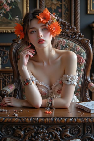 (Masterpiece), (Best Quality), Fantasy, Highly Detailed, Intricate, Highly Detailed, Illustration, Soft Lighting, One Woman, Orange Hair Flower, Dress, Bending Over and Smiling With Teeth, (Perfect Face), Seat, Desk, Ornate, Intricate, Dramatic Lighting, Detailed Background, Corrosive Material, Full Body, Digital Illustration,