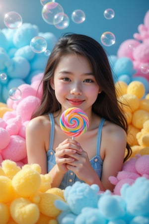 A whimsical Andersen-inspired scene unfolds. A 17-year-old girl sits serenely on a colorful cloud of blue, pink, yellow and green, her delicate hands holding a magnificent lollipop decorated with vivid swirls. The subject’s characteristically intricately detailed skin, defined eyebrows and happy smile are anatomically correct. Surrounded by lush and unpredictable transparent bubbles, the girl’s realistic face invites reflection. In the midst of the unrealistic scene and situation, the sweet atmosphere is heightened by the exquisitely beautiful and aesthetically pleasing cinematic lighting.