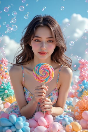 A mature 17-year-old girl sits serenely on a colorful cloud of blue, pink, yellow and green, her delicate hands holding a magnificent lollipop decorated with vivid swirls. The subject’s characteristic intricately expressed skin, prominent eyebrows and happy smile are exquisitely detailed and anatomically correct. Surrounded by lush and unpredictable transparent bubbles, the girl’s realistic face invites contemplation. In the unrealistic scene and situation, the very beautiful and aesthetic cinematic lighting further enhances the sweet atmosphere.