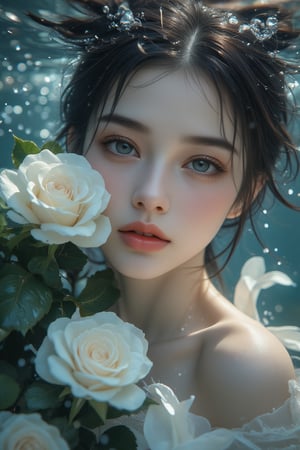 (Best quality, 8k, highly detailed realistic photo), (Cinematic soft lighting), side lighting, precise high quality, serene close-up captures the refined features of the face of a young Chinese woman posing with delicate white roses, exuding elegance. Realistic rain captured in slow motion, raindrops form on her skin, sparkle and sparkle like jewels, creating a beautiful atmosphere. Half of her face floats on the rippling water surface, while the other half is submerged in water, creating a mysterious atmosphere. Her porcelain skin, softly illuminated from above, shines against the subtle underwater background. Colorful underwater bubbles, exquisite details. The subject's features are highly detailed and anatomically correct, and the vividly colored subject stands out against the random natural background. Every texture, every realistic skin, every wrinkle, every hair is rendered in 8k resolution with realistic picture quality, inviting the viewer into this dreamlike world.