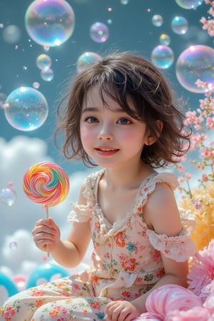 A whimsical Andersen-inspired scene unfolds. A mature 17-year-old girl sits serenely on a colorful cloud of blue, pink, yellow and green, her delicate hands holding a magnificent lollipop decorated with vivid swirls. The subject’s characteristically intricately detailed skin, defined eyebrows and happy smile are anatomically accurate. The girl’s realistic face, surrounded by lush and unpredictable transparent bubbles, invites reflection. In the midst of the unrealistic scene and situation, the sweet atmosphere is further enhanced by the exquisitely beautiful and aesthetically pleasing cinematic lighting.