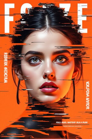 A captivating magazine cover featuring a stunning young woman from Egypt. Her flawless face, adorned with smoky eye makeup and sharp blue-collared eyes, dominates the composition. The modern aesthetic is achieved by incorporating glitch art elements, creating a visually disturbing effect. The subject’s beautiful features are framed by bold white letters with black strokes on a deep orange background, reminiscent of a poster or album cover.