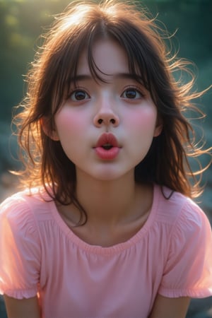 (Cinematic Lighting, Sunset: 1.2, High Definition), 17 years old, a girl, close up of upper body, extremely low angle, sparkling sapphire eyes, neat bangs and brown wavy long hair, she looks at the camera and blows a kiss with a playful expression, enjoying the joy of the moment, reflecting a lively and energetic atmosphere. There are exquisite details. Wearing a pink puff short-sleeved shirt, the subject's features are highly detailed and anatomically correct, the vividly colored subject is set against a random natural background. Every texture, every realistic skin, every wrinkle, every hair is rendered in 8k resolution with realistic painting quality, inviting the viewer into this dreamlike world.