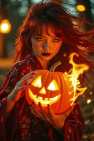 (Clear High Definition: 1.1), (Full body emitting fire, heavy atmosphere), 17 years old, girl, yellow irises glowing with fire, dark night, very low angle, a sly smile on her face, lips with black lipstick, wavy bangs covering her forehead, long voluminous fiery red hair flowing down her cheeks and partially covering her face, reflecting a lively and energetic atmosphere. The red dress decorated with ornate embroidery has elaborate details. The witch with black nails is in a dynamic pose, holding a Halloween pumpkin engulfed in blazing fire, and showing off a pumpkin flower in one hand. The subject's features are highly detailed and orientally anatomically correct, as is the scene where the light from the pumpkin she is holding is backlit and illuminates the witch's face. The vividly colored subject contrasts with the blurred natural background. Every texture, realistic skin, wrinkle, and hair is rendered in 8K resolution with photo-realistic picture quality, inviting the viewer into a dreamlike world.