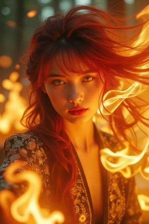 (Clear High Definition: 1.1), (Breathing fire from her whole body, overall white and ivory theme), cinematic lighting, ambient lighting, 17 years old, girl, yellow irises glowing with fire, very low angle, sly smile on her face, black lipstick lips, wavy bangs covering her forehead, long fiery red hair flowing down her cheeks and partially covering her face reflect a lively and energetic atmosphere. The dress decorated with ornate embroidery has elaborate details. The witch with black nails is in a dynamic pose, and the features of the subject engulfed in blazing fire are highly detailed and oriental and anatomically correct, as is the scene where the light is backlit and illuminates her face. The vividly colored subject contrasts with the blurred natural background. All textures, realistic skin, wrinkles, and hair are rendered in 8K resolution with photo-realistic quality, inviting the viewer into a dreamlike world.