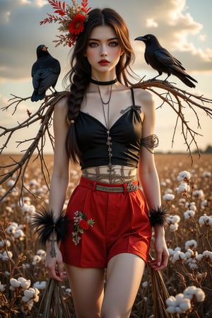 A magnificent oil painting masterpiece unfolds before us. The Scarecrow Maiden stands tall, mid-shot, surrounded by a vast cotton field. Her stern gaze, smoky makeup, and style, adorned with old dry branches, rags, and dried flowers, evoke a sense of mystery. Her vivid black top and red short skirt are in harmony with the cotton field and contrast with the natural tones of the setting sun. Two crows sit on her arms, their feathers rendered in exquisite detail. The subject’s features are highly detailed and anatomically correct, and the vividly colored subject is set against a random natural background. Every texture, every realistic skin, every wrinkle, every hair is rendered in 8k resolution with realistic painting quality, inviting the viewer into this dreamlike world.