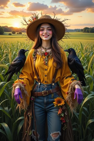 (Supernatural Portrait, Masterpiece, Dark Fantasy: 1.2, Oil Painting, Painting), Highly detailed and exquisite detail: 1.4, Upper body mid-shot, in the center of the frame is a girl dressed as a scarecrow, surrounded by a wide green barley field. The scarecrow, made of dry branches, dried flowers and straw, has a joyful expression and a happy smile, has smoky makeup, and wears an old and worn wide-brimmed straw hat that falls just below her eyebrows. She is wearing a vividly colored pearl yellow cotton shirt and purple velvet gloves, her arms are outstretched to the side, and two crows are sitting on her arms, which are very detailed and depicted. There is a sunset and natural light in the background. The subject's features are highly detailed and anatomically correct, and the vividly colored subject is set against a random natural background. Every texture, every realistic skin, every wrinkle, every hair is rendered in 8k resolution with realistic painting quality, inviting the viewer into this dreamlike world.