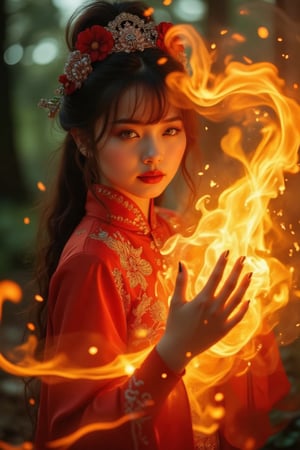 (Clear High Definition: 1.1), (Breathing fire from the whole body, heavy atmosphere), 17 years old, girl, yellow irises glowing with fire, very low angle, sly smile on face, lips with black lipstick, wavy bangs covering forehead, long fiery red hair flowing down cheeks and partially covering face reflects a lively and energetic atmosphere. The red dress decorated with ornate embroidery has exquisite details. The witch with black nails is in a dynamic pose, and the features of the subject engulfed in blazing fire are highly detailed and oriental and anatomically correct, as is the scene where the light is backlit and illuminates her face. The vividly colored subject contrasts with the blurred natural background. All textures, realistic skin, wrinkles, and hair are rendered in 8K resolution with photo-realistic quality, inviting viewers into a dreamlike world.