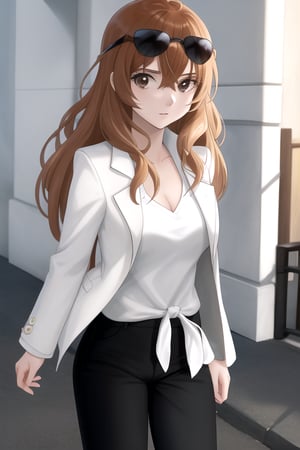 alice,long hair, black_pants, white_blouse, black_jacket, sunglasses,brown eyes, masterpiece, best quality, 1girl