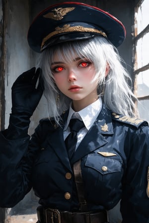 A young woman in a military uniform stands solo, looking directly at the viewer with an intense gaze. Her bangs frame her face, and her shirt is covered by a jacket with long sleeves. Her eyes glow red as she wears black gloves and a necktie, adding to the mysterious atmosphere. White and grey hair peeks out from under her hat, which matches the color of her military uniform. The framing of the shot focuses on her upper body, drawing attention to her closed mouth and piercing gaze.