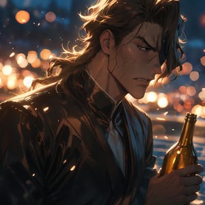 1boy, Aizen Sousuke,black eye patch, (bleach) , masterpiece, best quality, very aesthetic, absurdres, cinematic still, emotional, harmonious, vignette, highly detailed, high budget, bokeh, cinemascope, moody, epic, gorgeous, film grain, grainy, solo, head patche to one eye, cloud, bottle, sky, holding bottle, black suit, angry, sideburns, upper body, single earring, holding