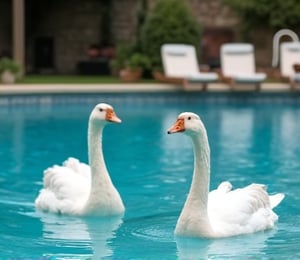 White Roman geese playing in the swimming pool