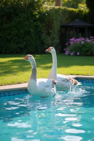 A serene summer afternoon setting: a lush green backyard with a sparkling blue swimming pool as the focal point. A pair of majestic White Roman Geese, their soft gray necks and feathers glistening, waddle and playfully splash around the water's edge. Sunlight casts a warm glow on the scene, highlighting the geese's gentle movements as they frolic together.