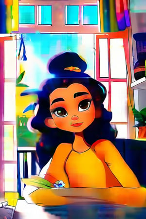 girl in house, dark skin, light hair, disney, cartoon