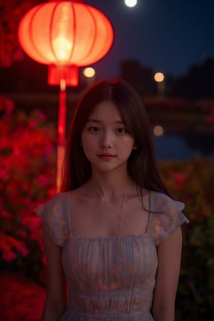 film grain,  In the style of realistic photography with bright colors and high resolution., professional photography, A beautiful young woman, posing, under the full moonlight, house grounds with lotus lake and garden background, mid-autumn festival theme, red larterns, Giant mid-autumn lantern model