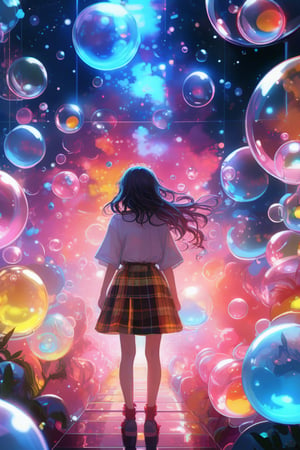 Extreme detailed, (masterful), 1girl, neon lights, bubbles, transluscent clothing, simplistic, coloring book style, simple background, plain colour background,midjourney,anime,noc-space