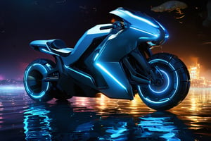 photorealistic image, masterpiece, high quality 8K, of a futuristic ((sci-fi large super motocycle), (((submerged in the sea))), Tron legacy, white and blue neon lights, good lighting, at night, sharp focus,noc-space