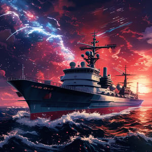 Illustration, vivid, colorful, Japanese Navy aircraft carrier Akagi, sailing through stormy seas, Makoto Shinkai style, amazing detail, fantastic, mysterious, detailed background, it can't be ordinary, it must be highly complex in structure, it must have a high degree of randomness, it must be an image that nobody has seen before, it must be highly original,space background, noc-space