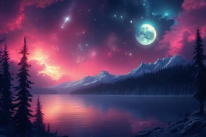 masterpiece, best quality, aesthetic, moonlit lakes, auroras,noc-space