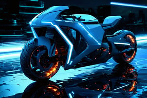 photorealistic image, masterpiece, high quality 8K, of a futuristic ((sci-fi large super motocycle), (((submerged in the sea))), Tron legacy, white and blue neon lights, good lighting, at night, sharp focus,noc-space