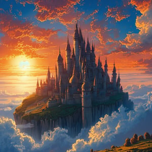 A whimsical illustration of Laputa, the mystical floating city from Studio Ghibli's 'Castle in the Sky', set against a warm sunset sky with wispy clouds. The majestic castle's towers and spires rise majestically, surrounded by a halo of golden light. Characters like Pazu and Sheeta can be seen exploring the intricate architecture or gazing out at the breathtaking view.