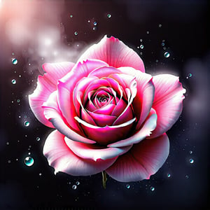 Imagine the following scene.

Animation style image. A beautiful white rose floating on a black background. L pink with dew on its petals. It's a beautiful pink.,noc-space