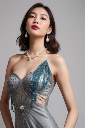 Captured from a high-angle perspective, a beautiful Asian woman stands in front of a gray backdrop. She is dressed in a strapless blue dress adorned with silver beads and pearls. Her hair is styled in a sleek bob, and her eyes are adorned with a bold pink lip. She's wearing a silver necklace and earrings, adding a touch of sparkle to her dress.