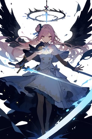 masterpiece, best quality, aesthetic, glowing sword, holding sword, white glowing sword, hands holding sword high, sword in hand, both hands holding sword, determined expression, focused stance, 1girl, solo, mika-default, mika \(blue archive\), yellow eyes, single hair bun, pink hair, long hair, halo, white dress, capelet, wings, white pantyhose, high heels, (perfect hands:1.10), (perfect hand anatomy:1.10), (four fingers and a thumb: 1.10).