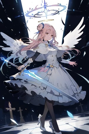 masterpiece, best quality, aesthetic, glowing sword, holding sword, white glowing sword, hands holding sword high, sword in hand, both hands holding sword, determined expression, focused stance, 1girl, solo, mika-default, mika \(blue archive\), yellow eyes, single hair bun, pink hair, long hair, halo, white dress, capelet, wings, white pantyhose, high heels