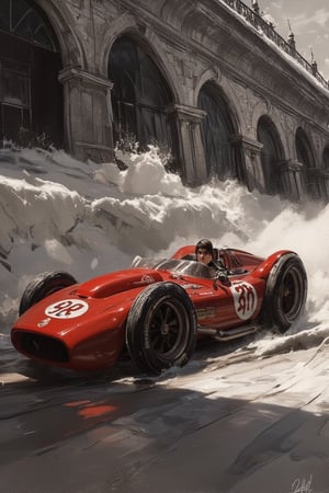 red race car, in the style of sam spratt, historical illustrations, old masters, genndy tartakovsky, soggy, masaccio, monochromatic realism --ar 63:128 --stylize 750 --v 6