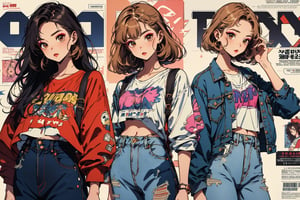 magazine cover, 4 girl, masterpiece, cinematic lighting, (magazine cover), fashion model, perfect face, makeup, petite, 18 years old, various hairstyles, various face, various skin color,  expensive clothes, denim pants, posing, hands on head, standing, 90s style, brown eyes, leaning pose