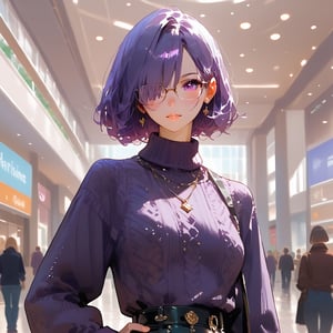 1girl, (masterpiece), Shiny skin, Best quality, Expressive eyes, Bob cut hairstyle, Purple hair, Glasses, Hair covering one eye, Purple eyes, Purple Sweater, Hands on hip, Slight blush, Handbag on shoulder, Mall background, score_9_up, score_8_up, score_7_up