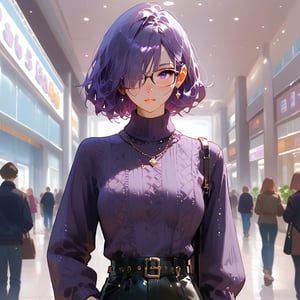 1girl, (masterpiece), Shiny skin, Best quality, Expressive eyes, Bob cut hairstyle, Purple hair, Glasses, Hair covering one eye, Purple eyes, Purple Sweater, Hands on hip, Slight blush, Handbag on shoulder, Mall background, score_9_up, score_8_up, score_7_up