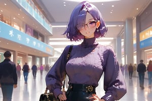 1girl, (masterpiece), Shiny skin, Best quality, Expressive eyes, Bob cut hairstyle, Purple hair, Glasses, Hair covering one eye, Purple eyes, Purple Sweater, Hands on hip, Slight blush, Handbag on shoulder, Mall background, score_9_up, score_8_up, score_7_up