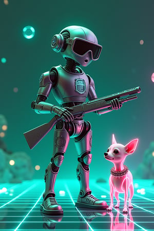 A **futuristic holographic-style** scene where a sleek, chrome **robot** with glowing circuits stands in a virtual world, holding a neon-etched **sawed-off shotgun** in its hand. The robot’s body is smooth and reflective, with digital panels covering its arms and chest. Its **thick glasses** project data readouts that float in front of its face, and holographic interfaces glow around its hands as it adjusts its weapon.

Next to the robot is a small **chihuahua**, its body outlined in glowing neon, wearing a **spike-studded collar** that pulses with digital light. The chihuahua’s digital form flickers slightly, giving it a glitchy, holographic appearance. The entire environment is a blend of virtual space and digital landscapes, with **floating neon lights** and grid-like patterns making up the ground and sky. The color palette consists of vivid greens, blues, and purples, with the characters glowing against the abstract, digital backdrop.