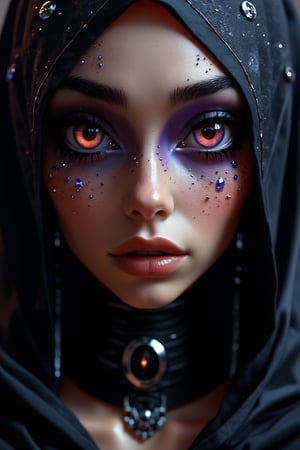 A close-up of an alien woman with strikingly large, reflective eyes that seem almost too big for her face, giving her an intense, mesmerizing gaze. Her eyes are deep and glossy, like black marble, with swirling colors that shift and change like the surface of a distant planet. Her nose is narrow, with a shallow base and a perky tip, adding to her delicate, refined appearance. Her skin is smooth and reflective, like polished stone, with tiny, glowing gemstones embedded along her high cheekbones and across her forehead, forming intricate, celestial patterns. Her makeup is bold and complex, with cosmic tribal designs in dark purples, blues, and shimmering silvers, creating sharp contrasts and gradients that highlight her facial features. She wears a luxurious cloak made of a rich, dark satin, draped over her shoulders and fastened with a silver clasp adorned with a large, glowing gemstone. The cloak flows elegantly around her, the fabric catching the light and creating a soft, ethereal glow. The strong rim lighting accentuates the sharp lines of her makeup and the reflective quality of her skin and cloak, making her stand out as a figure of otherworldly beauty and power, like an astral queen who commands the forces of the universe.