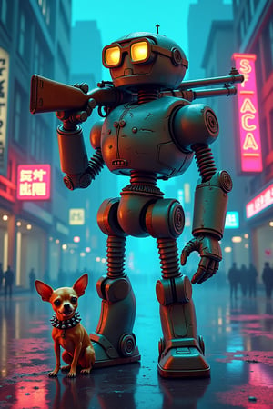 A **cyberpunk-style illustration** of a bulky, weathered **robot** standing confidently in the rain-soaked streets of a futuristic city. The robot, wearing oversized **thick-rimmed eyesight glasses**, holds a rusted **sawed-off shotgun** casually over its shoulder. Neon signs flicker in the background, casting sharp blue and red reflections on the wet pavement. The robot's metallic frame is covered in scratches and dents, a testament to its rough life in the city's underworld.

Next to the robot is a tiny, fierce **chihuahua**, wearing a black **spike-studded collar**. The chihuahua’s snarling face and glowing eyes add to the gritty atmosphere. The city's towering buildings loom in the background, their windows glowing with neon advertisements. The **cyberpunk colors**—vibrant blues, pinks, and purples—contrast with the worn, rusty tones of the robot’s metal body. The scene is rendered in sharp, gritty detail, with **realistic textures** emphasizing the wear and tear on the characters.