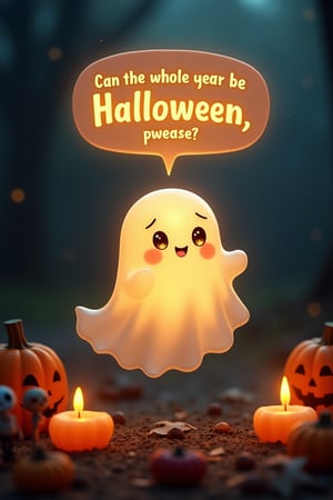 A small, **glowing translucent ghost** hovers in mid-air, its form barely visible as the soft light from its body shimmers in the dark. The ghost’s **pleading, raised eyebrows** give it an incredibly **endearing expression**, while its wide, round eyes seem to glow with hope. The ghost’s faint, misty edges shift slightly as it floats, giving it a fluid, ever-moving appearance, while the soft light surrounding it pulses gently like a flickering candle.

The text **"Can the whole year be Halloween, pwease?"** is inside a softly **glowing speech bubble** with **rounded edges**, floating just above the ghost’s head. The bubble’s glow is a warm, soft orange, and the text inside is written in a playful, **childlike font** with slightly rounded letters, giving it an innocent and whimsical feel. The glow of the bubble casts a faint light on the surrounding air.

Around the ghost are glowing pumpkins, lit candles, tiny monsters such as zombies, skeletons and horror movie icons like ghostface.