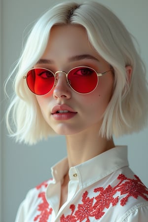 A photorealistic depiction of a stunning young Caucasian woman with a striking blend of ethereal beauty and modern elegance. Her skin is flawless, with a gentle blush adding a touch of color to her cheeks, and a scattering of light freckles that give her a youthful, natural charm. Her hair is pure white, styled in a sleek, asymmetrical bob that perfectly frames her face, enhancing her sharp, elegant features. She wears red-tinted glasses that add a bold, contemporary edge to her look, paired with a white blouse adorned with intricate red embroidery. The cinematic lighting with volumetric shading highlights the texture of her skin, the soft blush, and the detailed embroidery of her outfit, making her appear both sophisticated and captivating.