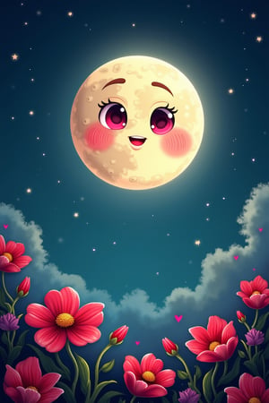 whimsical and surreal night sky with a large bright moon as the central focus, the moon has a charming slightly cartoonish face with red eyes, emoji face moon,  vibrant red flower patches, contrasting beautifully with the moon’s pale cratered surface, the backdrop is a deep starry sky filled with countless stars that twinkle and shimmer, the atmosphere is whimsical and enchanting, blending fantasy and surrealism,  Masterpiece, (8k), UHD, highest-quality, intricate details, highly detailed, immaculate micro-details, detailed textures, atmospheric lighting, visually stunning, perfect composition