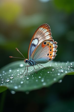 A hauntingly beautiful macro shot of a delicate butterfly resting on a dewy jungle leaf. The butterfly’s wings are an intricate mosaic of soft pastels and vibrant patterns, each vein and scale captured in exquisite detail. Tiny droplets of morning dew cling to the leaf and the butterfly’s wings, reflecting the soft, diffused light filtering through the jungle canopy. The background is a gentle blur of greens and browns, allowing the butterfly to stand out in sharp focus. The atmosphere is one of serene stillness, with the butterfly seemingly frozen in time, embodying the fragile beauty of the moment. The quiet hum of the jungle fades away, leaving only the silent grace of this tiny creature as it enjoys a fleeting moment of tranquility.