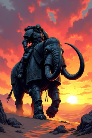 An ink illustration showcasing a heavily armored space marine mounted atop an enormous, armored mammoth, set against the backdrop of a desert landscape at a breathtaking, vivid sunset. The marine’s armor is intricate and detailed, with heavy plates and angular, futuristic designs. Bold, black ink lines emphasize the weight and strength of his armor, while his posture is upright and commanding, gripping the reins of the colossal mammoth beneath him.

The mammoth is equally armored, its tusks plated in gleaming metal, and its body covered in thick, overlapping armor plates. Its sheer size dominates the scene, and its massive legs kick up clouds of sand as it strides forward. The mammoth’s armor is decorated with tribal engravings and spikes, lending it an imposing and battle-hardened appearance.

The desert landscape is rendered with sharp, bold ink lines to capture the vast dunes and rocky outcrops that stretch toward the horizon. In the background, an intensely vivid sunset floods the sky with brilliant hues—deep oranges, fiery reds, purples, and soft pinks—all contrasting with the dark, ink-heavy foreground. The sun itself is low on the horizon, casting long, dramatic shadows across the sand and highlighting the edges of the marine and mammoth in bright, golden light.

The color palette for the sky is striking and vivid, with gradients of red, purple, and gold that bleed into each other, while the desert itself reflects these colors in softer, muted tones of pink and orange. The armored figures of the marine and mammoth stand out in sharp contrast against the vibrant sunset, their dark silhouettes inked with heavy strokes that convey their power and strength. The mammoth’s tusks and the marine’s armor catch the last rays of sunlight, gleaming with hints of gold, adding to the epic, cinematic feel of the scene.

The overall atmosphere is one of awe and grandeur, as the space marine rides his towering mammoth through the vast desert, silhouetted against one of the most captivating sunsets imaginable.