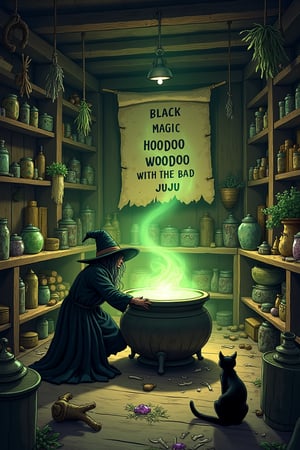 A richly detailed illustration set inside a dimly lit witch’s hut, filled with an array of cluttered magical items and curiosities. The witch is hunched over a large, ancient cauldron at the center of the room, which bubbles with a glowing green vapor that illuminates the space with an eerie light. The walls are lined with shelves overflowing with jars of herbs, dried plants, old books, and strange baubles. Hanging from the ceiling are bundles of dried herbs, crystals, and bones, all swaying gently as if stirred by an unseen breeze. The floor is scattered with arcane symbols drawn in chalk, and a black cat sits nearby, watching the scene intently. The text "BLACK MAGIC HOODOO WOODOO WITCH WITH THE BAD JUJU" is inscribed on a worn parchment scroll pinned to the wall, its letters appearing to pulse faintly with dark magic. The atmosphere is cozy yet ominous, with the cluttered interior adding to the sense of ancient, powerful sorcery at work.