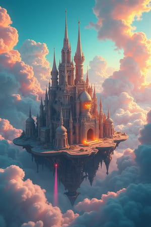 A wide, ultra-high definition skyscape featuring a nephogram of bold, cloudpunk clouds surrounding a magnificent fantasy city in the clouds. The city is a complex maze of spires, domes, and floating platforms, each one hyper-detailed with intricate carvings and glowing runes. The clouds around the city are rendered with bold, exaggerated lines and vibrant, saturated colors—turquoise, magenta, and amber—creating a surreal, magical atmosphere. The structures of the city shimmer with a soft, golden light, contrasting beautifully with the swirling, vivid clouds that seem to both support and conceal the city. The scene is a perfect blend of fantasy and surrealism, capturing the imagination with its otherworldly beauty.