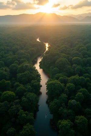 An aerial shot of a sprawling jungle landscape at twilight, with the last light of the setting sun casting a warm, golden glow over the treetops. The jungle is dense and vibrant, with rivers and streams cutting through the greenery, their surfaces shimmering with the reflection of the sky. Far below, the sounds of nature rise up—distant bird calls, the rustle of leaves, and the soft rush of water. In the distance, a mountain range is partially obscured by mist, adding to the sense of mystery and tranquility. The atmosphere is calm and serene, with the jungle seemingly endless and untouched, a vast green ocean stretching out in all directions. The scene is both majestic and peaceful, a perfect representation of the quiet power of nature as seen from above.