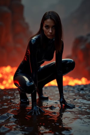 A **shadow huntress**, poised on all fours, balanced above a **flat glass surface** that separates her from the fiery heat of the lava below. Her stance is intense—legs coiled beneath her, body low, and ready to **spring into action**. Her **arms are stretched**, supporting her weight while her head turns slightly, her gaze sharp and calculated. Her eyes glimmer faintly, the only visible light on her dark and sleek figure.

Her costume is **form-fitting**, made of smooth, reflective black material, almost like **liquid obsidian**, that contours to her slender body. Her **hair is slick and straight**, pulled back tightly to keep her vision clear. The lava beneath casts a deep, glowing red light that enhances her silhouette and highlights the elegant curves of her muscles. The **reflection on the glass** beneath creates a ghostly double of her form, distorted slightly by the shimmering heat. She is both **captivating and formidable**, a figure ready to attack or vanish at a moment's notice, her entire being focused on the hunt.