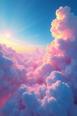 An ultra-high definition skyscape showcasing a surreal nephogram, with clouds rendered in a cloudpunk aesthetic. The clouds are depicted with bold, sharp lines, their forms hyper-detailed and intricately textured. Vivid, vibrant colors dominate the scene, with a blend of deep blues, bright pinks, and glowing yellows creating a surreal, dreamlike atmosphere. The wide shot captures the immense scale of the sky, with clouds twisting and stretching into fantastical shapes, as if alive with energy. The scene is a stunning mix of bold, graphic elements and surreal beauty, making it both striking and mesmerizing.